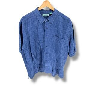 Cubavera Mens XXL Linen Blend Camp Shirt Blue Jacquard Dobby Short Sleeve Button